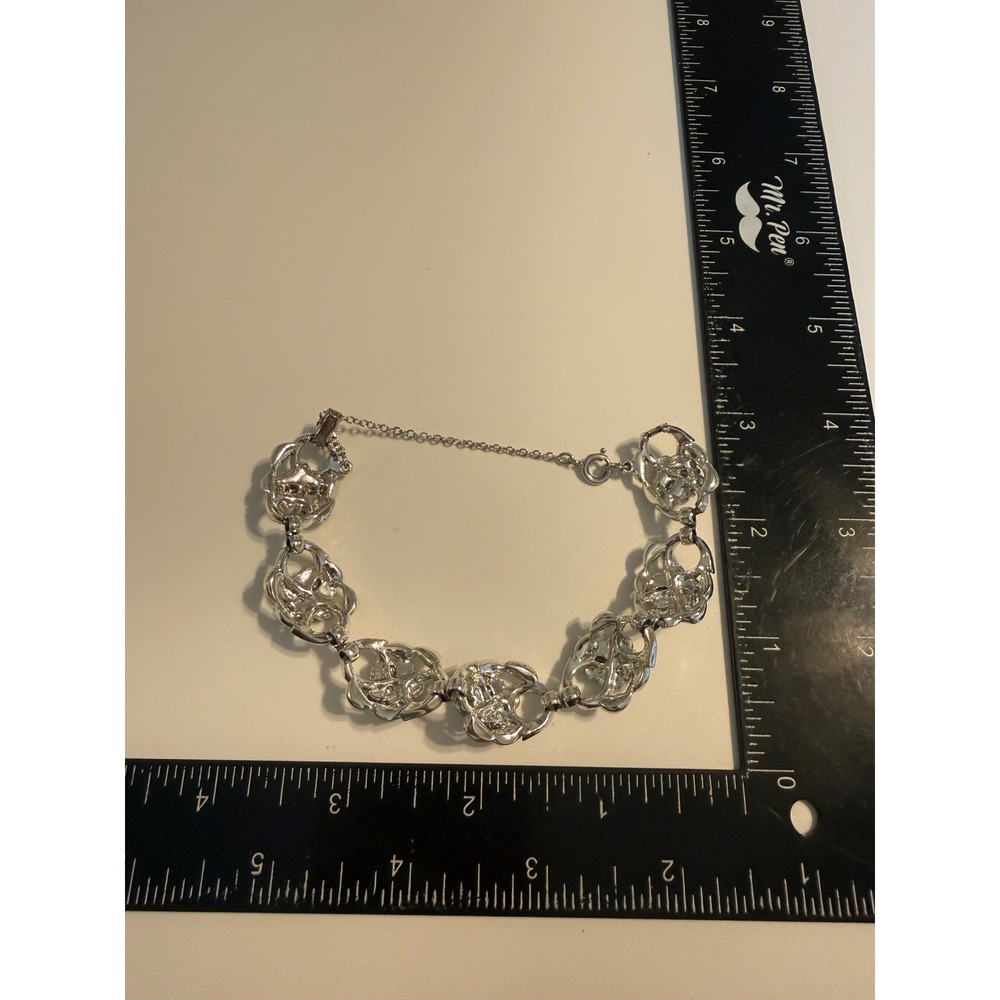 Coro Silver Tone Blue Rhinestone Floral Link Bracelet Safety Chain Vintage - Picture 2 of 4